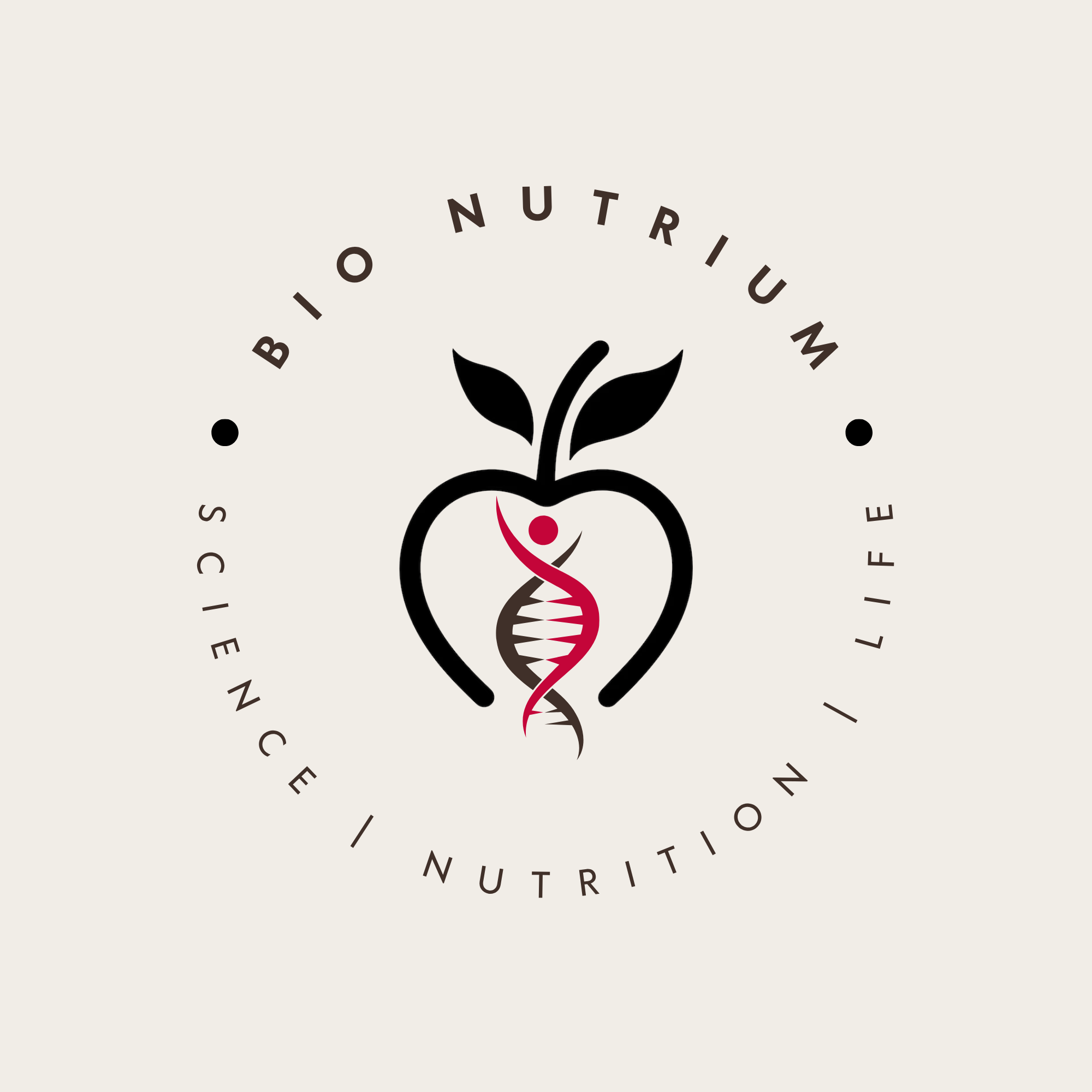 Το λογότυπο Bio Nutrium: ένα μήλο με έλικα DNA, Science / Nutrition / Life